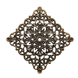 Filigrana Rombo con Flores Caladas Gran Tamaño Tono Bronce Envejecido 40x40x0.5mm | 4 uds