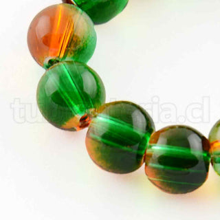 Cuentas de vidrio transparente en dos tono naranjo/verde, naranjo/púrpura, tamaño 8 mm.