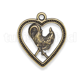 Colgante de aleación de zinc, corazón con gallo, zodiaco chino, 22x25x2mm.