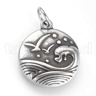 Colgantes de acero inoxidable 316, redondos y planos, con diseño tallado, color plata envejecida, 29x20x3 mm.