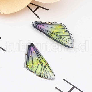 Colgante de resina, alas de mariposa con aplicación de papel aluminio, 2 colores para seleccionar, 25x12mm.