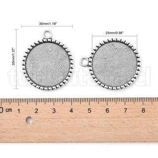 Bases para cabujón, colgante redondo plano de aleación estilo tibetano, bandeja: 25 mm.