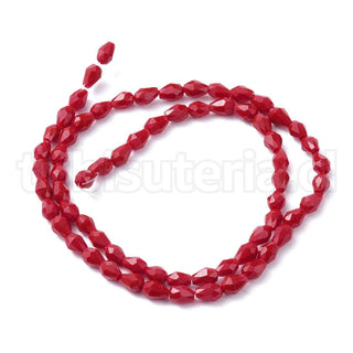 Cuentas de vidrio de imitación jade, facetadas, gota, color rojo, tamaño 6x4mm.