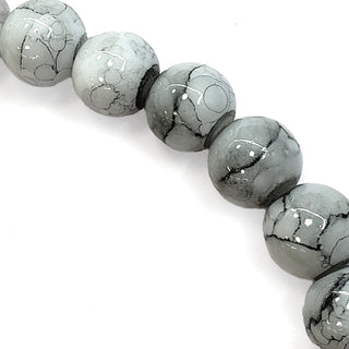 Abalorio Vidrio Redondo Gris y Blanco con Vetas Negras Pintado y Horneado 8 mm | 1 tira
