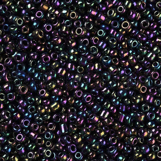 Mostacilla 8/0, cuentas de vidrio negro con visos verde/violeta, tamaño 3 mm de diámetro, agujero 1 mm.