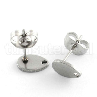 Pendientes de aro de acero inoxidable no se deslustra, de base gota plana de 8x5mm, con tuercas o tope de aro, pin 0.8 mm.