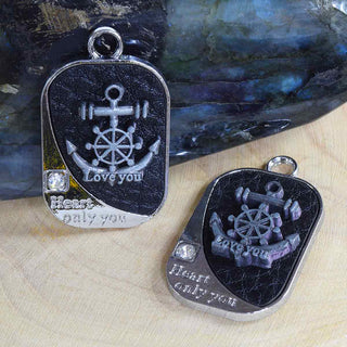 Colgantes rectangulares de aleación y cuero con diseño mixto, color negro, tamaño 36x22x4~6 mm.
