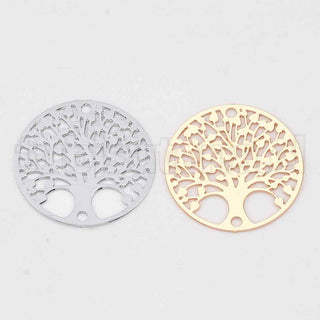 Enlaces de latón con chapado de larga duración, redondo plano con árbol de la vida, 2 tonos para elegir, 16×0.3 mm.