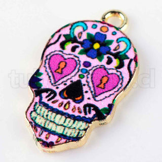 Colgantes de aleación estampados, calavera, base metálica color oro claro, rosa, 22,5x13x2.5 mm.