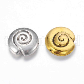 Cuentas separadoras de aleación, espiral o caracola, 2 tonos para seleccionar, 15x15x6 mm. 3 unidades.