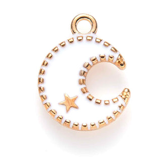 Colgantes de aleación esmaltado, luna con estrella, 2 tonos disponibles. 16x13x2 mm.